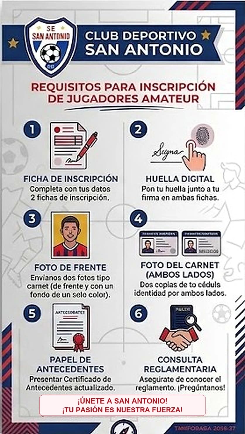 Afiche oficial con requisitos para inscripción de jugadores amateur - Club Deportivo San Antonio